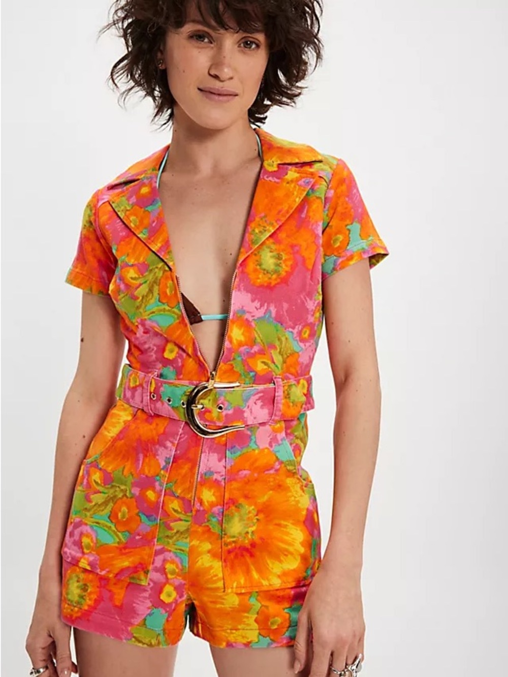Show Me Your MuMu Orange and Pink Floral Belted Romper